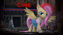 Size: 3840x2160 | Tagged: safe, artist:owlpirate, imported from derpibooru, fluttershy, pegasus, pony, 3d, 4k, 90s grunge fluttershy, backwards ballcap, bandaid, bandaid on nose, baseball cap, brick wall, cap, cinema, clothes, denim skirt, female, hair over one eye, hat, high res, looking at you, mare, nose bandaid, shirt, skirt, smiling, smirk, solo, source filmmaker, spread wings, tomboy, unshorn fetlocks, wings