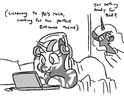 Size: 702x543 | Tagged: safe, artist:jargon scott, imported from derpibooru, oc, oc:nyx, oc:nyxzala, alicorn, hybrid, pony, unicorn, zony, black and white, computer, duo, female, grayscale, headphones, laptop computer, lying down, magical lesbian spawn, monochrome, mother and child, mother and daughter, offspring, older, older nyx, parent:oc:nyx, parent:oc:zala, parents:oc x oc, prone