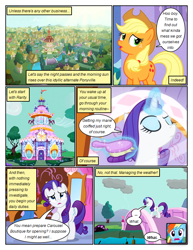 Size: 612x792 | Tagged: safe, artist:newbiespud, edit, edited screencap, imported from derpibooru, screencap, applejack, rainbow dash, rarity, earth pony, pegasus, pony, unicorn, comic:friendship is dragons, magical mystery cure, bridge, brush, building, cloud, comic, d:, dialogue, eyelashes, eyes closed, female, glowing horn, hat, horn, magic, magic aura, mare, open mouth, outdoors, raised hoof, screencap comic, swapped cutie marks, telekinesis