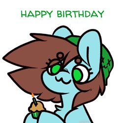 Size: 1500x1500 | Tagged: safe, alternate version, artist:spoopygander, imported from derpibooru, oc, oc only, oc:neko, earth pony, pony, :3, beanbrows, birthday, candle, cupcake, cute, eye clipping through hair, eyebrows, female, food, happy birthday, mare, simple background, solo, white background