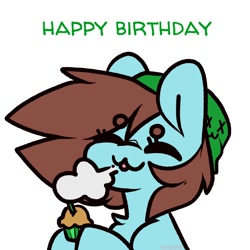 Size: 1500x1500 | Tagged: safe, alternate version, artist:spoopygander, imported from derpibooru, oc, oc only, oc:neko, earth pony, pony, :3, animated, beanbrows, birthday, cupcake, cute, earth pony oc, eyebrows, eyebrows visible through hair, eyes closed, female, food, gif, happy birthday, mare, ocbetes, simple background, smoke, solo, white background