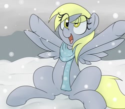 Size: 1500x1300 | Tagged: safe, artist:datte-before-dawn, imported from ponybooru, derpy hooves, pegasus, pony, belly button, clothes, cute, derpabetes, eye clipping through hair, female, happy, mare, open mouth, scarf, sitting, smiling, snow, snowfall, solo, spread wings, underhoof, wings
