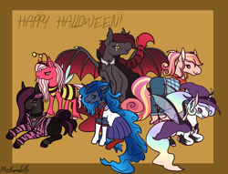 Size: 1786x1362 | Tagged: safe, artist:misskanabelle, imported from derpibooru, oc, oc only, oc:charmeuse culicivora, oc:morpheus, oc:nova nightshade, oc:sugar bee, oc:sundance, oc:violet vivanite, bat pony, changepony, earth pony, hybrid, pegasus, pony, unicorn, vampire, abstract background, animal costume, bat pony oc, bat wings, bee costume, clothes, costume, cowboy, eye scar, female, halloween, halloween costume, happy halloween, hat, holiday, interspecies offspring, lying down, magical lesbian spawn, male, mare, offspring, parent:big macintosh, parent:fluttershy, parent:king sombra, parent:maud pie, parent:mud briar, parent:princess celestia, parent:princess luna, parent:queen chrysalis, parents:chryslestia, parents:fluttermac, parents:lumbra, parents:maudbriar, prone, sailor moon, scar, signature, skirt, smiling, stallion, wings, witch, witch hat