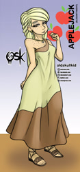 Size: 984x2099 | Tagged: safe, artist:oldskullkid, imported from derpibooru, applejack, equestria girls, beautiful, body freckles, clothes, dress, ear piercing, earring, elegant, freckles, hatless, jewelry, missing accessory, necklace, piercing, wrong eye color