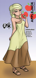 Size: 984x2099 | Tagged: safe, alternate version, artist:oldskullkid, imported from derpibooru, applejack, equestria girls, beautiful, body freckles, clothes, dress, ear piercing, earring, elegant, freckles, hatless, human coloration, jewelry, missing accessory, necklace, piercing, wrong eye color