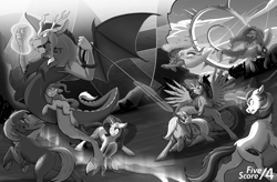 Size: 2686x1760 | Tagged: safe, alternate version, artist:acesential, artist:tf-sential, imported from ponybooru, applejack, big macintosh, discord, fluttershy, pinkie pie, rainbow dash, rarity, shining armor, twilight sparkle, draconequus, earth pony, pegasus, unicorn, fanfic:five score divided by four, sonic rainboom