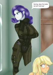 Size: 2894x4093 | Tagged: safe, artist:wolfjarl, imported from derpibooru, applejack, rarity, human, fanfic:fallout girls, equestria girls, armor, blushing, bodysuit, brotherhood of steel, clothes, fallout, fallout girls, female, high res, humanized, lesbian, mirror, rarijack, rhetorical question, shipping, skintight, skintight clothes