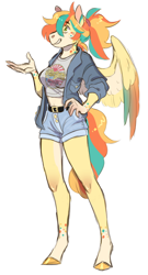 Size: 490x910 | Tagged: safe, artist:halfcrazydaisy, imported from derpibooru, oc, oc only, oc:sydney, anthro, pegasus, unguligrade anthro, breasts, clothes, denim shorts, female, hand on hip, jacket, magical lesbian spawn, mare, midriff, offspring, parent:applejack, parent:rainbow dash, parents:appledash, pegasus oc, shorts, simple background, solo, white background, wings