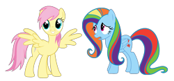 Size: 2277x1064 | Tagged: safe, edit, imported from derpibooru, vector edit, fluttershy, rainbow dash, pegasus, pony, ponyar fusion, duo, fusion, nervous, palette swap, recolor, simple background, smiling, transparent background, vector