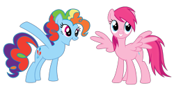 Size: 2120x1081 | Tagged: safe, edit, imported from derpibooru, vector edit, pinkie pie, rainbow dash, earth pony, pegasus, pony, ponyar fusion, female, fusion, hilarious in hindsight, lesbian, palette swap, pink rainbow dash, pinkie dash, pinkiedash, rainbow pie, recolor, shipping, simple background, smiling, transparent background, vector