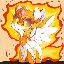 Size: 2048x2048 | Tagged: safe, artist:zokkili, imported from derpibooru, daybreaker, alicorn, pony, chibi, colored eyelashes, cute, diabreaker, ear fluff, feathered wings, female, filly, helmet, high res, mane of fire, solo, spread wings, wings