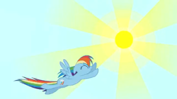 Size: 638x360 | Tagged: safe, imported from derpibooru, rainbow dash, pegasus, pony, 2009, eyes closed, female, flying, mare, my little pony adventures, pony history, prototype, show bible, show pilot, sky, smiling, solo, start of ponies, sun, youtube link