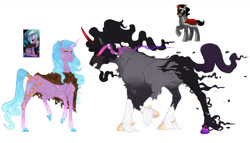 Size: 1181x676 | Tagged: safe, artist:sleepydemonmonster, idw, imported from derpibooru, king sombra, radiant hope, crystal pony, pony, umbrum, unicorn, alternate design, beard, cloven hooves, facial hair, fangs, female, headcanon, hopebra, male, mare, shipping, simple background, stallion, straight, white background