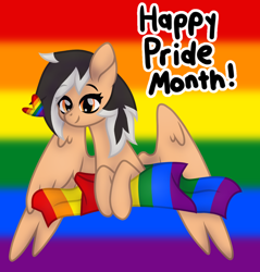 Size: 1084x1133 | Tagged: safe, artist:froyo15sugarblast, artist:nocturnal-moonlight, imported from derpibooru, oc, oc only, oc:hearty felt, pegasus, pony, base used, eye clipping through hair, female, gay pride flag, happy, heart, lgbt, lgbt flag, lgbtq, male, mare, pride, pride flag, pride month, rainbow, ribbon, shading, smiling, solo, text, wings