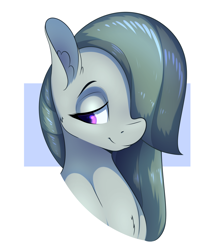 Size: 1800x2100 | Tagged: safe, artist:aquaticvibes, imported from derpibooru, marble pie, earth pony, pony, bust, cute, ear fluff, female, hair over one eye, lidded eyes, marblebetes, mare, portrait, simple background, smiling, solo, white background