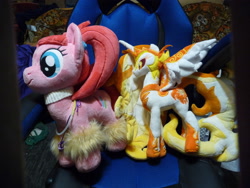 Size: 3648x2736 | Tagged: safe, artist:my-little-plush, imported from derpibooru, daybreaker, pacific glow, alicorn, earth pony, pony, female, high res, irl, jewelry, leg warmers, necklace, pacifier, photo, pigtails, plushie, regalia, spread wings, wings