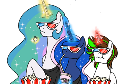 Size: 798x540 | Tagged: safe, artist:jvartes6112, imported from derpibooru, princess celestia, princess luna, oc, oc:jv6112, alicorn, pony, 3d glasses, alicorn oc, bust, clothes, drinking, eating, ethereal mane, female, food, glowing horn, herbivore, horn, magic, male, mare, popcorn, simple background, smiling, stallion, starry mane, telekinesis, transparent background, wings