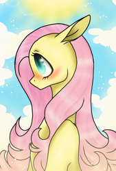 Size: 1080x1596 | Tagged: safe, artist:jvartes6112, imported from derpibooru, fluttershy, pegasus, pony, blushing, cloud, cute, daaaaaaaaaaaw, eyelashes, female, mare, outdoors, shyabetes, solo, sun