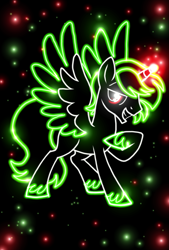 Size: 1080x1596 | Tagged: safe, artist:jvartes6112, imported from derpibooru, oc, oc only, oc:jv6112, alicorn, pony, alicorn oc, glowing eyes, glowing horn, hoof on chest, horn, lineart, male, neon, open mouth, smiling, solo, stallion, unshorn fetlocks, wings