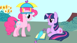 Size: 638x360 | Tagged: safe, imported from derpibooru, pinkie pie, twilight sparkle, earth pony, pony, unicorn, 2009, book, confused, hat, my little pony adventures, prototype, show bible, show pilot, sitting, smiling, umbrella, umbrella hat, unicorn twilight