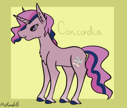 Size: 1750x1500 | Tagged: safe, artist:misskanabelle, imported from derpibooru, oc, oc only, oc:concordia, pony, unicorn, abstract background, chest fluff, ear fluff, female, hoof fluff, horn, magical lesbian spawn, mare, offspring, parent:starlight glimmer, parent:twilight sparkle, parents:twistarlight, signature, solo, unicorn oc