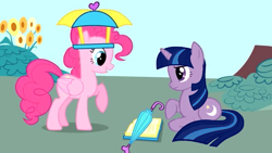 Size: 638x360 | Tagged: safe, edit, imported from derpibooru, pinkie pie, twilight sparkle, twilight twinkle, pegasus, pony, unicorn, feeling pinkie keen, 2009, book, confused, hat, moon, pegasus pinkie pie, pony history, race swap, show bible, show pilot, smiling, stars, start of ponies, umbrella, umbrella hat, unicorn twilight, what could have been, wings