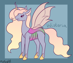 Size: 1750x1500 | Tagged: safe, artist:misskanabelle, imported from derpibooru, oc, oc only, oc:wisteria, changeling, changeling queen, changepony, hybrid, pony, abstract background, changeling queen oc, female, hoof shoes, horn, interspecies offspring, magical lesbian spawn, offspring, parent:princess celestia, parent:queen chrysalis, parents:chryslestia, signature, solo, wings