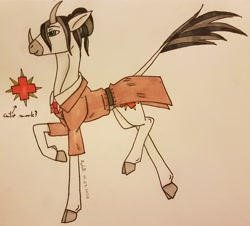 Size: 2994x2703 | Tagged: safe, artist:agdapl, imported from derpibooru, pony, unicorn, clothes, colored hooves, crossover, high res, male, medic, ponified, raised hoof, signature, stallion, team fortress 2, traditional art