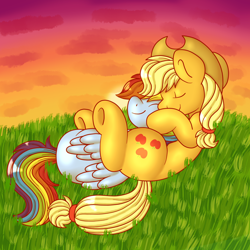 Size: 1000x1000 | Tagged: safe, artist:officialcrystalpepsi, imported from derpibooru, applejack, rainbow dash, earth pony, pegasus, pony, appledash, applejack's hat, cloud, cowboy hat, cute, dashabetes, digital art, duo, duo female, eyes closed, female, folded wings, grass, hat, hooves up, jackabetes, lesbian, lying down, mare, outdoors, resting, shipping, smiling, snuggling, sun, sunset, wings