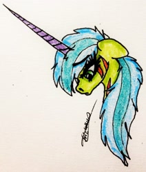 Size: 2024x2392 | Tagged: safe, artist:beamybutt, imported from derpibooru, oc, oc only, pony, unicorn, bust, eyelashes, female, high res, horn, mare, signature, solo, traditional art, unicorn oc