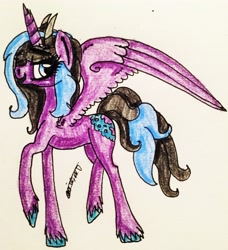 Size: 2265x2482 | Tagged: safe, artist:beamybutt, imported from derpibooru, oc, oc only, alicorn, pony, alicorn oc, bust, eyelashes, female, high res, horn, mare, signature, smiling, solo, traditional art, unshorn fetlocks, wings