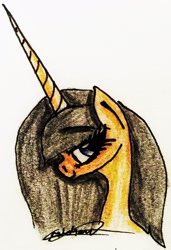Size: 1972x2883 | Tagged: safe, artist:beamybutt, imported from derpibooru, oc, oc only, pony, unicorn, blushing, bust, eyelashes, female, high res, horn, mare, signature, simple background, smiling, solo, traditional art, unicorn oc, white background