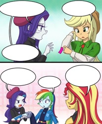 Size: 776x942 | Tagged: safe, artist:uotapo, imported from derpibooru, applejack, rainbow dash, rarity, sunset shimmer, equestria girls, equestria girls series, beatnik rarity, beret, clothes, female, french rarity, hat, jacket, long sleeves, new outfit, sweater, template