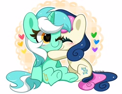 Size: 4096x3168 | Tagged: safe, artist:kittyrosie, imported from derpibooru, bon bon, lyra heartstrings, sweetie drops, earth pony, pony, unicorn, adorabon, blushing, chibi, cute, duo, eyes closed, female, floating heart, heart, heart eyes, high res, hug, lesbian, lyrabetes, lyrabon, mare, one eye closed, shipping, smiling, underhoof, wingding eyes