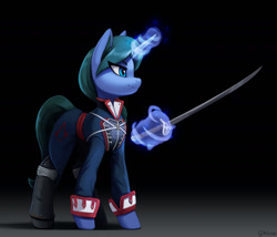 Size: 2000x1713 | Tagged: safe, artist:mrscroup, imported from derpibooru, oc, oc only, oc:arclight, pony, unicorn, assassin's creed, black background, blue eyes, clothes, commission, cutie mark, dark background, gradient background, levitation, magic, melee weapon, simple background, solo, sword, telekinesis, uniform, weapon