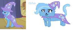 Size: 833x354 | Tagged: safe, artist:capuccinacat, imported from derpibooru, trixie, cat, pony, unicorn, cape, catified, clothes, duality, female, hat, mare, solo, species swap, trixie's cape, trixie's hat