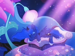 Size: 2048x1535 | Tagged: safe, artist:pierogarts, imported from derpibooru, screencap, princess luna, alicorn, pony, do princesses dream of magic sheep, cute, dream, eyes closed, grainy, luna's dream, lunabetes, scene interpretation, sleeping, solo, surreal