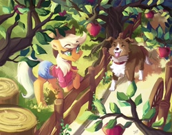 Size: 4096x3223 | Tagged: safe, artist:saxopi, imported from derpibooru, applejack, winona, dog, earth pony, pony, apple, apple tree, belt, clothes, complex background, female, fence, food, grass, high res, leaning, leaves, mare, outdoors, shadow, shirt, shorts, standing, tongue out, tree, tree branch, tree stump, wagon wheel