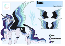 Size: 1920x1358 | Tagged: safe, artist:oneiria-fylakas, imported from derpibooru, princess luna, pony, alternate design, female, jewelry, mare, reference sheet, solo