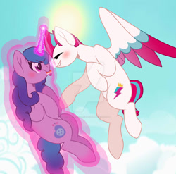 Size: 1280x1263 | Tagged: safe, artist:hate-love12, imported from derpibooru, izzy moonbow, zipp storm, pegasus, pony, unicorn, deviantart watermark, female, g5, izzyzipp, lesbian, lesbian pride flag, levitation, magic, obtrusive watermark, pride, pride flag, self-levitation, shipping, telekinesis, watermark