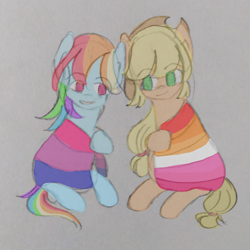 Size: 2313x2313 | Tagged: safe, artist:snowzaaah, imported from derpibooru, applejack, rainbow dash, earth pony, pegasus, pony, appledash, appledashdailydoodles, bisexual, bisexual pride flag, female, high res, lesbian, lesbian pride flag, pride, pride flag, pride month, shipping