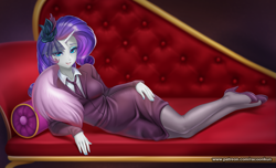 Size: 1649x1000 | Tagged: safe, alternate version, artist:racoonsan, color edit, edit, editor:drakeyc, imported from derpibooru, rarity, human, equestria girls, rarity investigates, bra, clothes, colored, couch, draw me like one of your french girls, dress, fainting couch, fascinator, high heels, horn, horned humanization, humanized, looking at you, necktie, pantyhose, scene interpretation, shoes, skin color edit, skirt, solo, stupid sexy rarity, suit, underwear