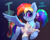 Size: 5000x3993 | Tagged: safe, artist:xbi, imported from derpibooru, rainbow dash, pegasus, pony, absurd resolution, alternate hairstyle, badge, balancing, clothes, dark background, dialogue, drinking, egghead, egghead dash, erlenmeyer flask, fail, female, flask, glasses, gradient background, looking at you, mare, misspelling, ponytail, radioactive, scientist, shirt, solo, tabun art-battle finished after, test tube, this will not end well, too dumb to live, vial, wing hold