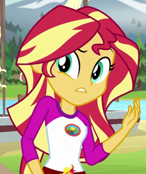 Size: 538x639 | Tagged: safe, imported from derpibooru, screencap, sunset shimmer, equestria girls, legend of everfree, camp everfree logo, camp everfree outfits, cropped, cute, female, shimmerbetes, solo