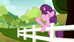 Size: 1920x1080 | Tagged: safe, imported from derpibooru, screencap, sugar belle, pony, unicorn, marks for effort, season 8, spoiler:s08, 1080p, cute, eyes closed, female, fence, mare, sugarbetes, tree, waving