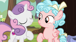 Size: 1920x1080 | Tagged: safe, imported from derpibooru, screencap, cozy glow, sweetie belle, pegasus, pony, unicorn, marks for effort, season 8, spoiler:s08, duo, eyes closed, female, filly, hoof on chest