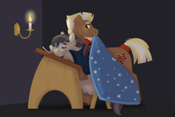 Size: 1280x854 | Tagged: safe, artist:itstechtock, imported from derpibooru, oc, oc only, oc:stoutheart, oc:waxing lyrical, bat pony, pony, blanket, male, mouth hold, stallion