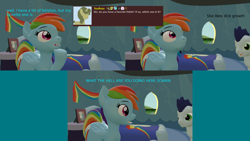 Size: 3840x2160 | Tagged: safe, artist:sexy rd, imported from derpibooru, rainbow dash, soarin', pegasus, pony, series:ask sexy rainbow dash, 3 panel comic, 3d, alternate universe, ask, butt, comic, female, happy, high res, large butt, mare, plot, rainbow dash's bedroom, rainbow dash's house, rainbutt dash, revamped ponies, room, solo, source filmmaker