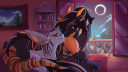 Size: 4444x2500 | Tagged: source needed, safe, artist:light262, imported from derpibooru, oc, oc:season's greetings, oc:yiazmat, draconequus, unicorn, bedroom, boop, couple, cuddling, draconequus oc, eclipse, female, horn, husband and wife, love, lying down, male, noseboop, oc x oc, shipping, straight, unicorn oc