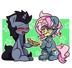 Size: 1636x1552 | Tagged: safe, artist:lou, imported from derpibooru, oc, oc only, oc:juicy dream, oc:trent, pony, unicorn, blushing, commission, duo, food, pie, pie in the face, pied, sitting, truicy